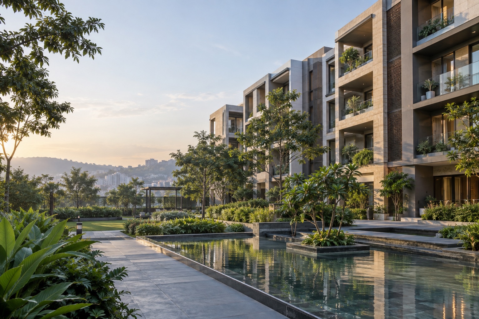 Contemporary residential courtyard with landscaped gardens